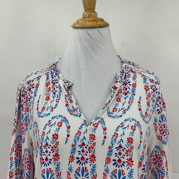 Talbots Blouse Womens M Medium White Blue Shirred Notch Floral Peasant Paisley - Picture 3 of 14